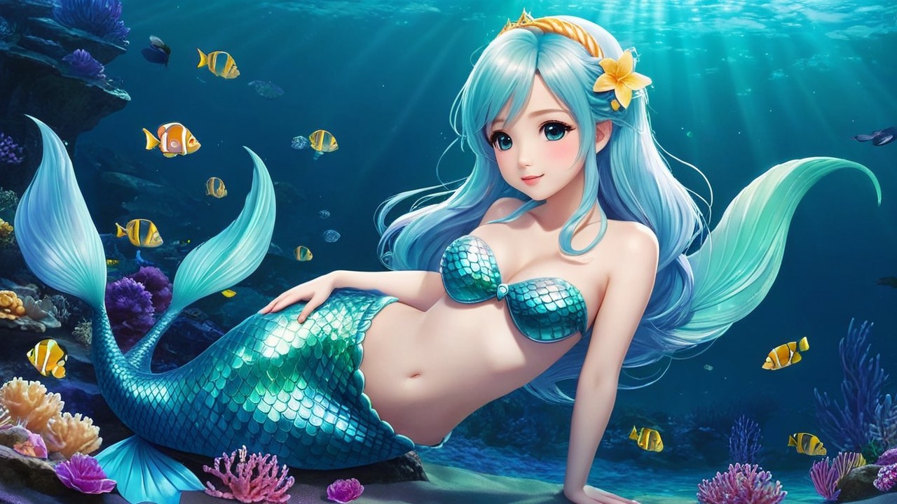 Mermaid on Coral Reef with Colorful Fish and Corals