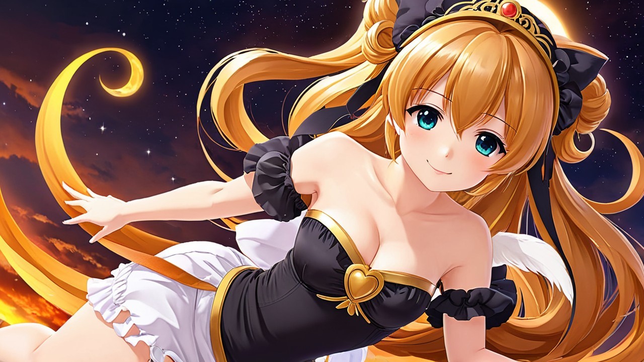 Cheerful anime character in a starry sky setting