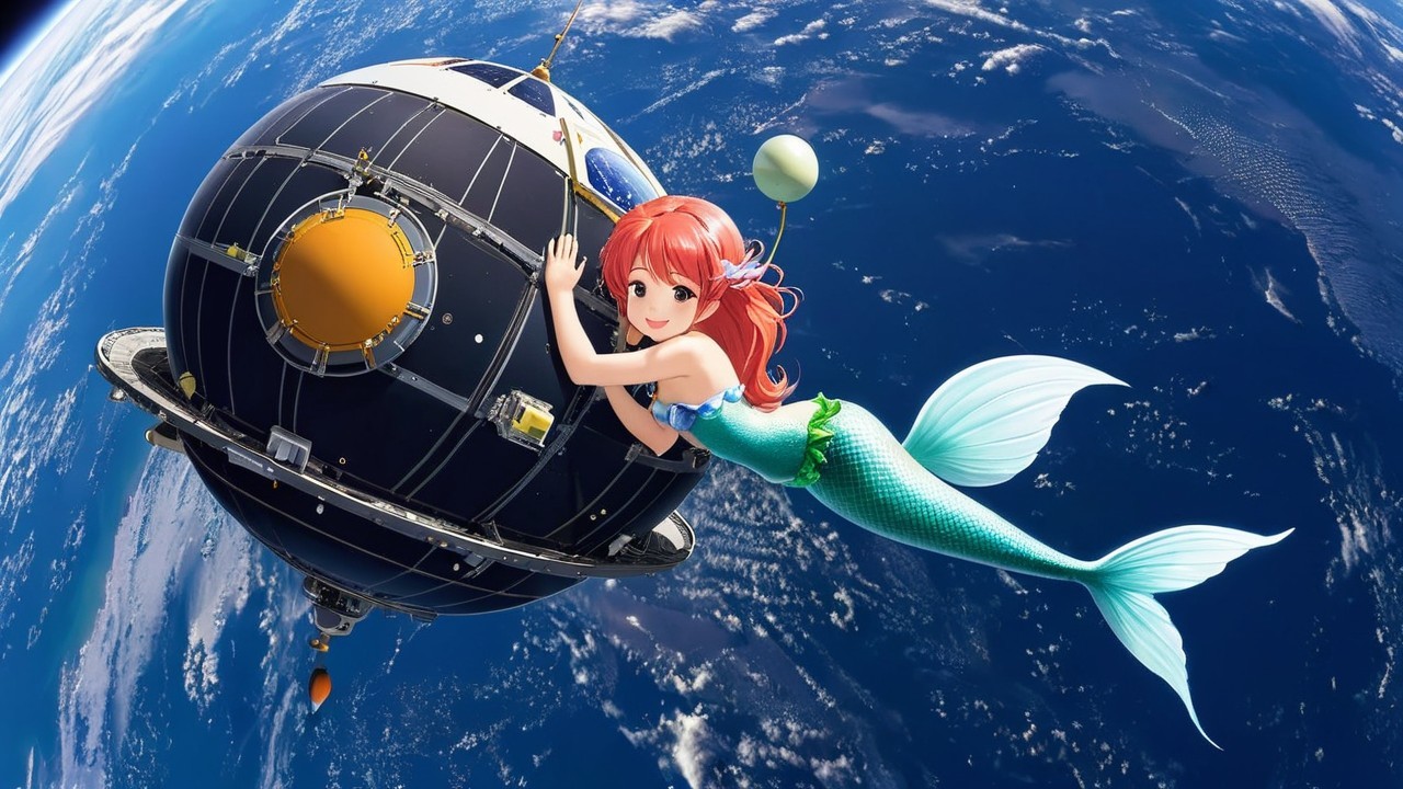 Anime-style mermaid with red hair by a spacecraft