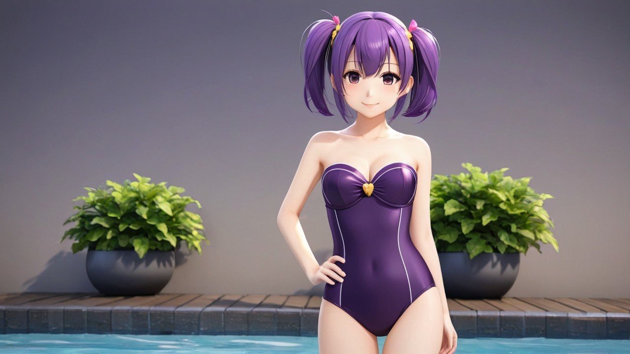 Vibrant Animated Character by Pool in Purple Swimsuit