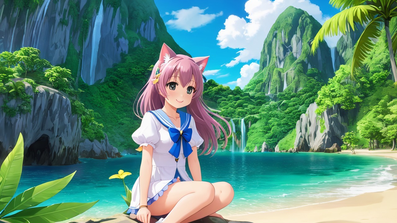 Anime Girl with Pink Hair at Tranquil Beach Scene