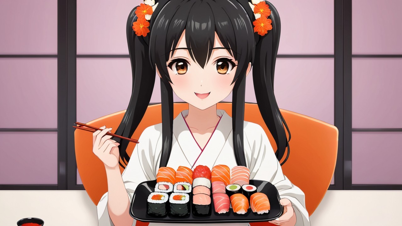 Anime girl with sushi platter in Japanese interior