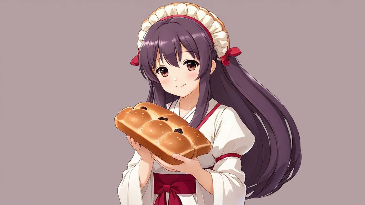 Cheerful anime girl in traditional outfit with bread