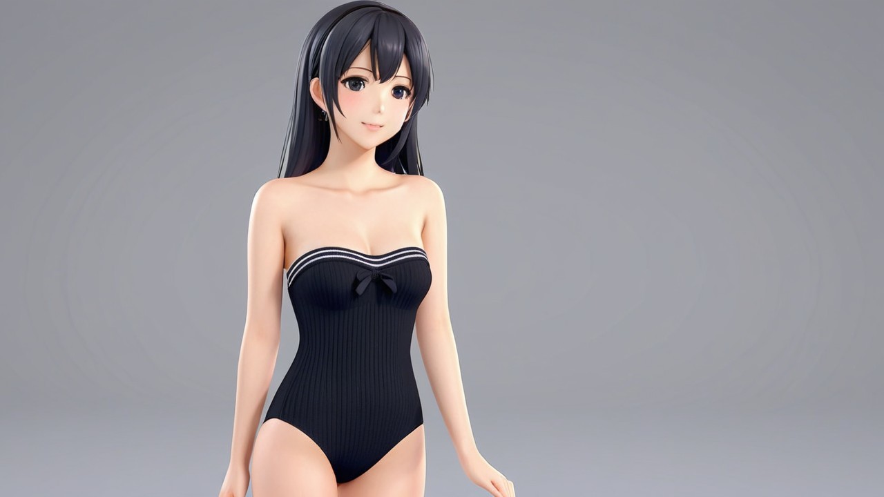 Stylized female character in sleek black swimsuit