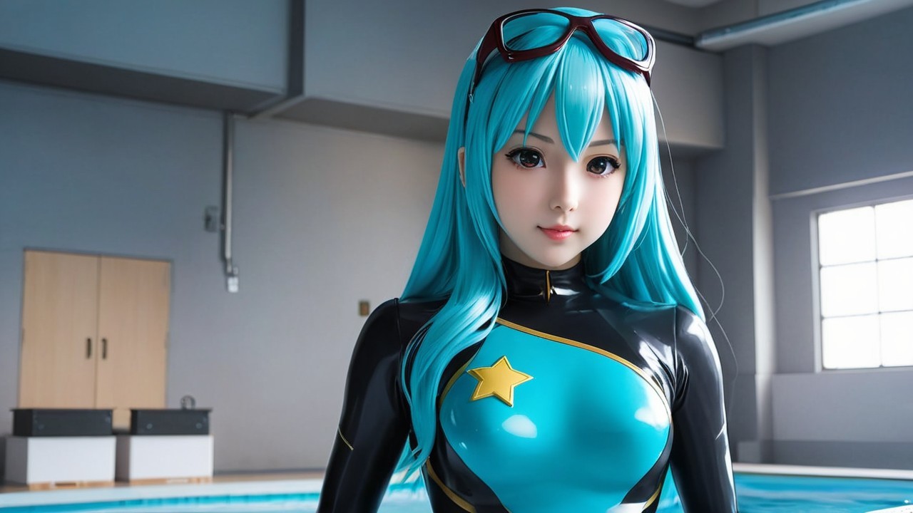 Stylized character with blue hair in indoor pool setting