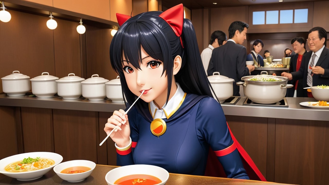 Animated Character Enjoying Soup in a Busy Restaurant