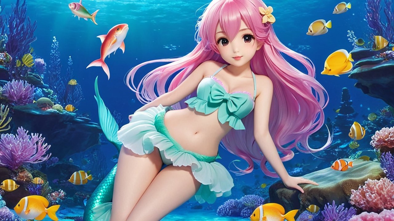 Vibrant Underwater Scene with Whimsical Mermaid