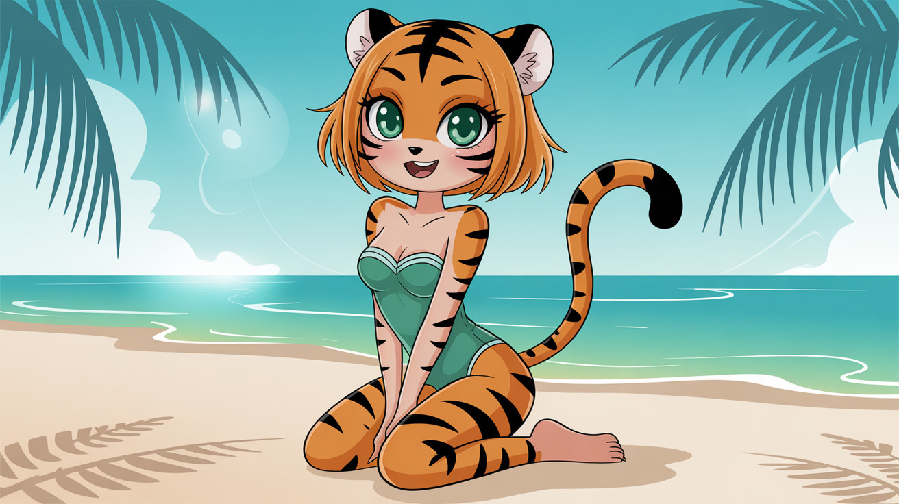 Cheerful Tiger Girl in Teal Swimsuit on Beach