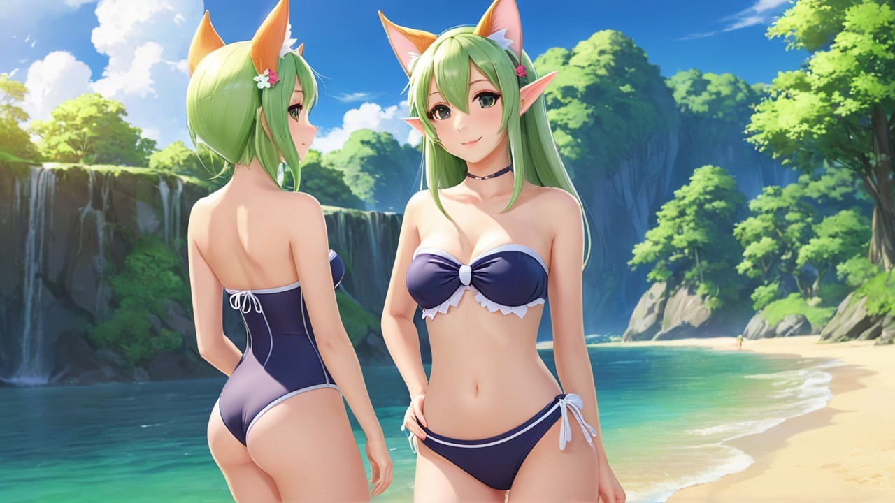 Fantasy Character with Green Hair on Sunny Beach