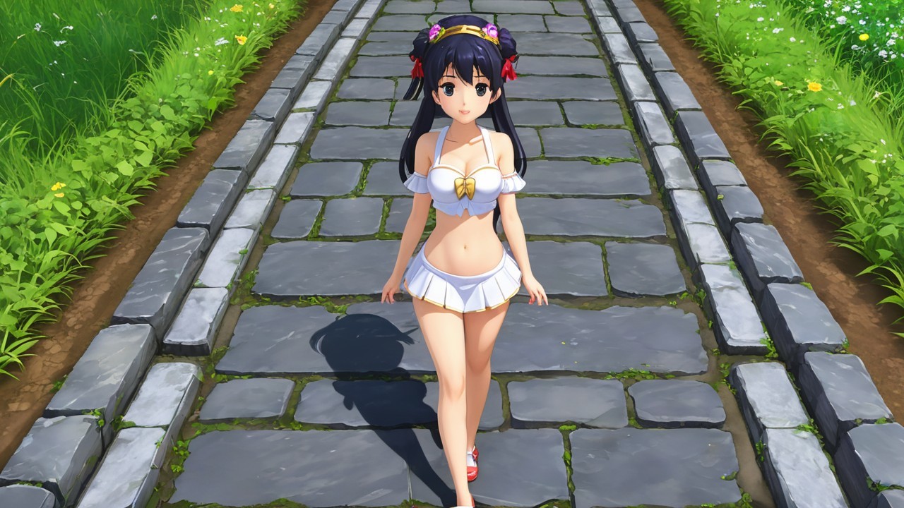 Stylized character on a vibrant stone pathway