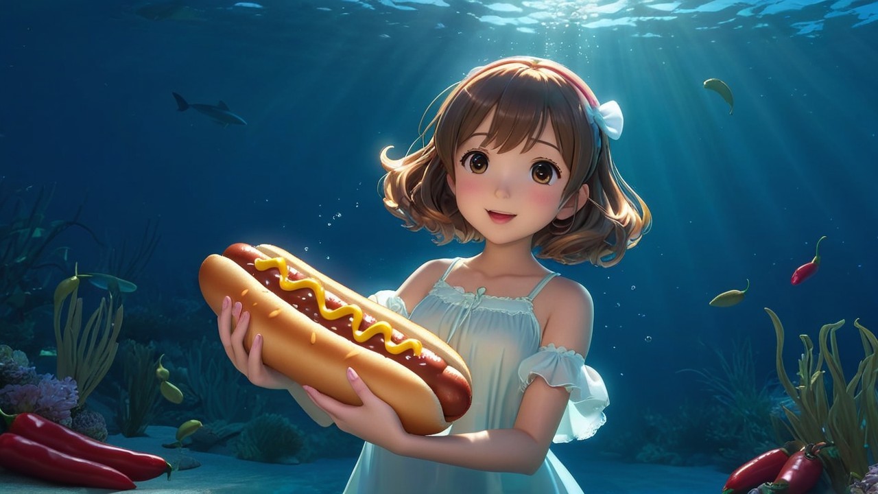 Underwater Scene with Girl and Hot Dog in Sunlight