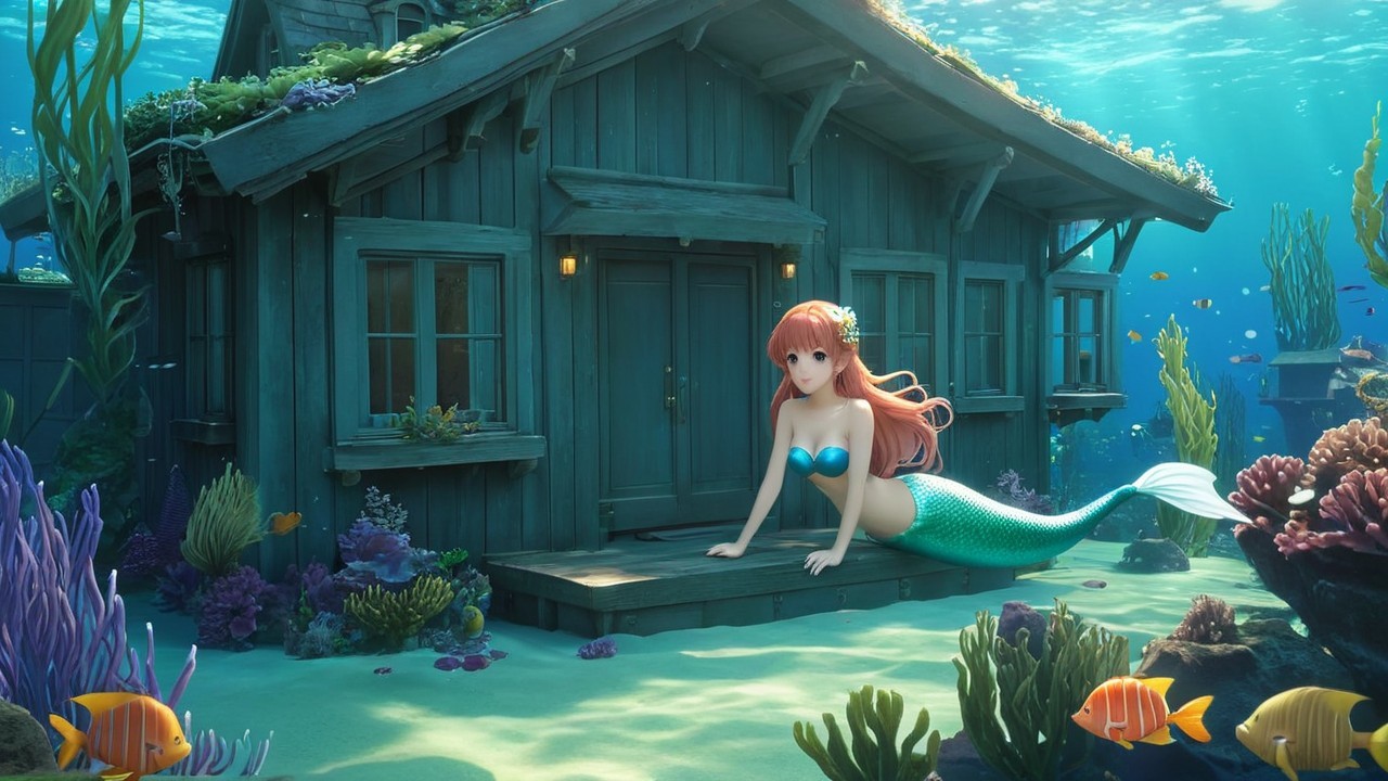 Vibrant Underwater Scene with Mermaid and Coral House