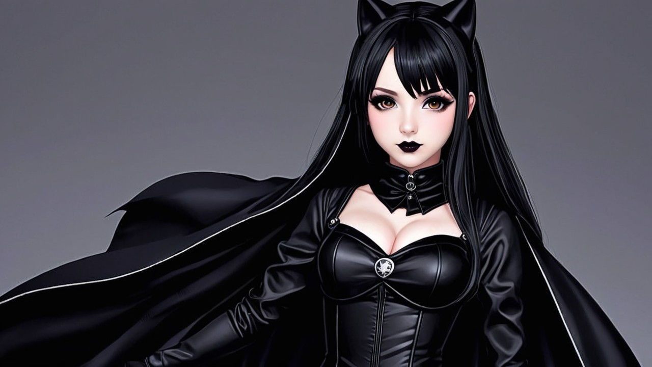 Stylized Character in Black Outfit with Cape and Ears