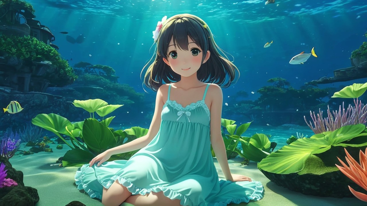 Young Girl in Blue Dress on Ocean Floor Scene