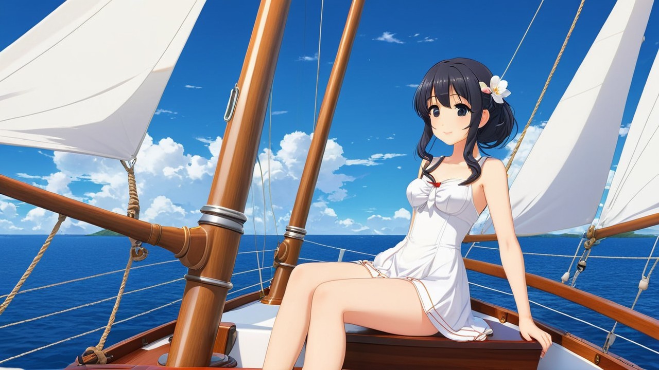 Young woman in white dress on sailboat at sea