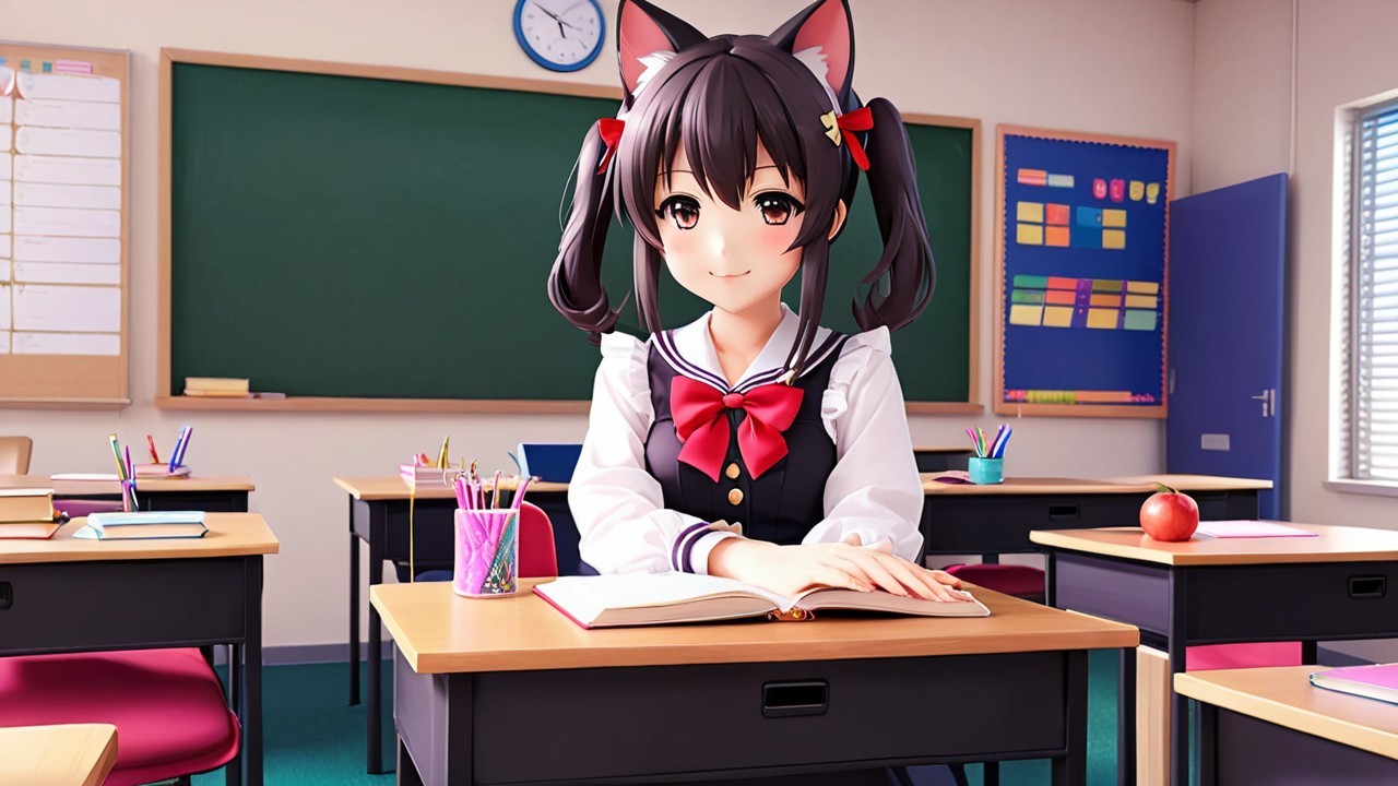 Anime girl with cat ears in a classroom setting