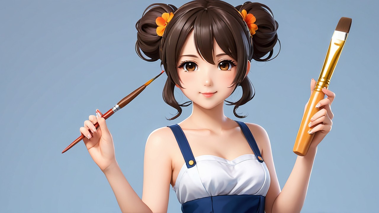 Cheerful Young Woman with Paintbrushes and Flowers