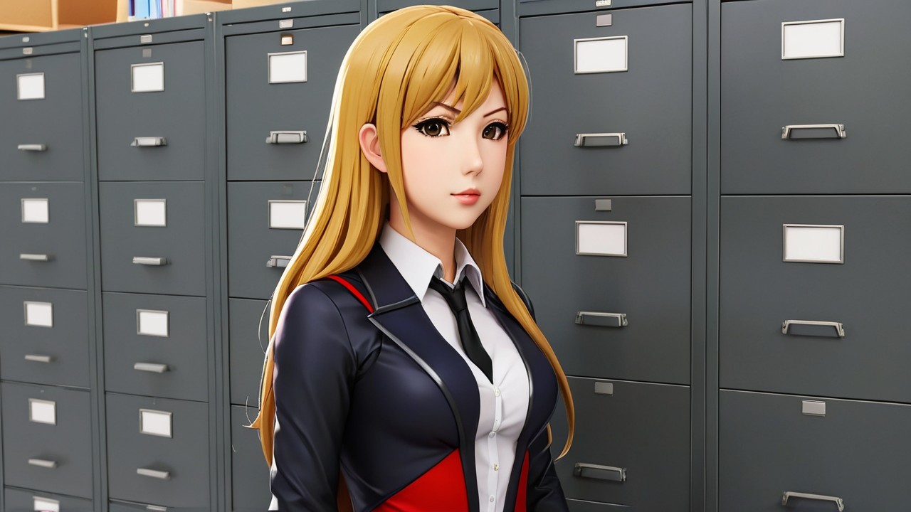 Stylized Anime Character in Office Setting with Cabinets