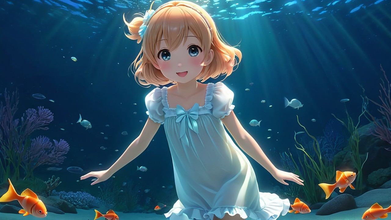 Cheerful girl swimming in a vibrant underwater scene