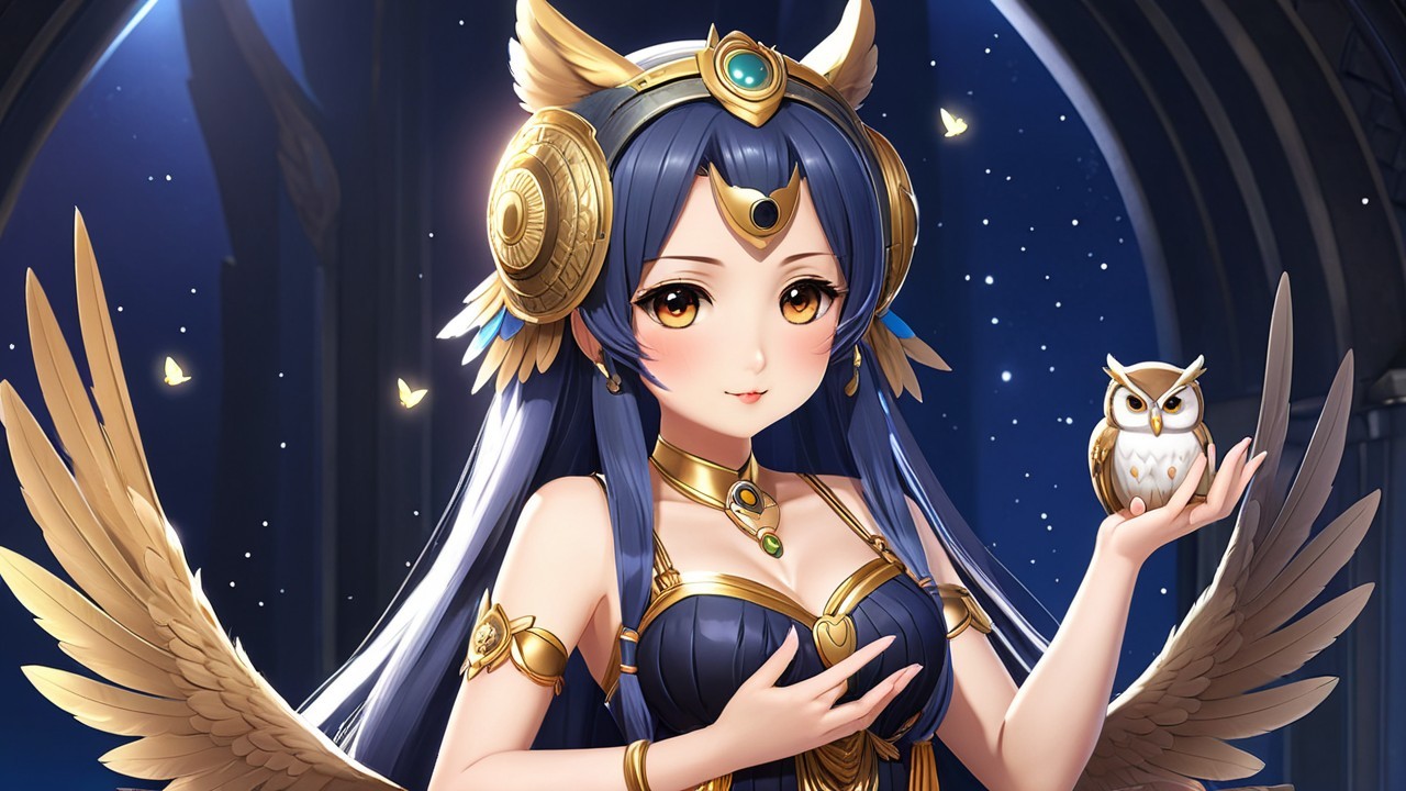 Character with Blue Hair and Owl in Starry Setting