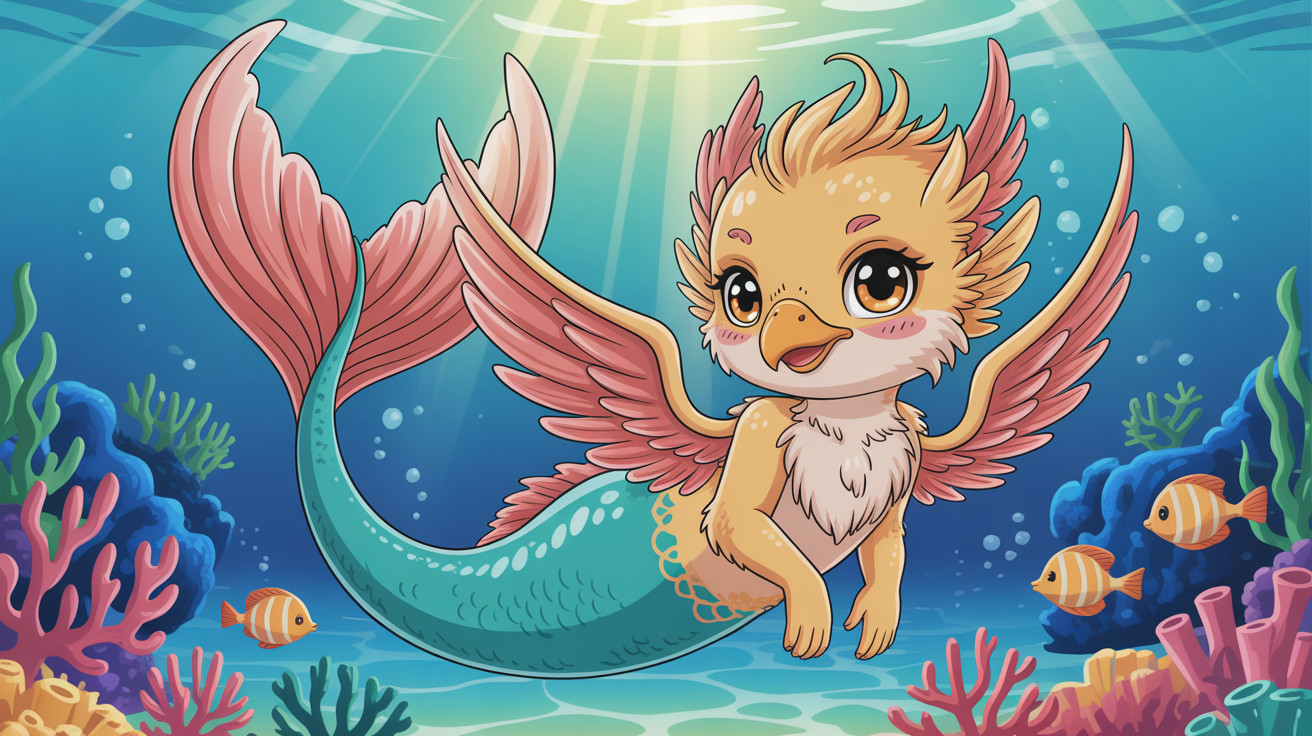 Chibi Griffin Mermaid in Colorful Underwater Scene
