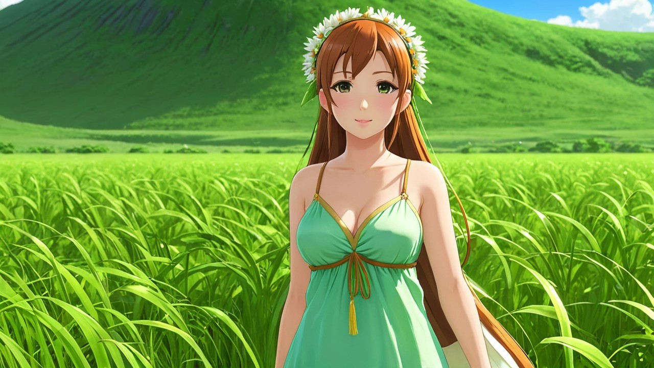 Character in a Lush Green Field with Rice Plants
