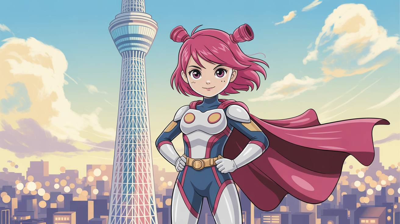 Anime-style female superhero with pink hair and cape