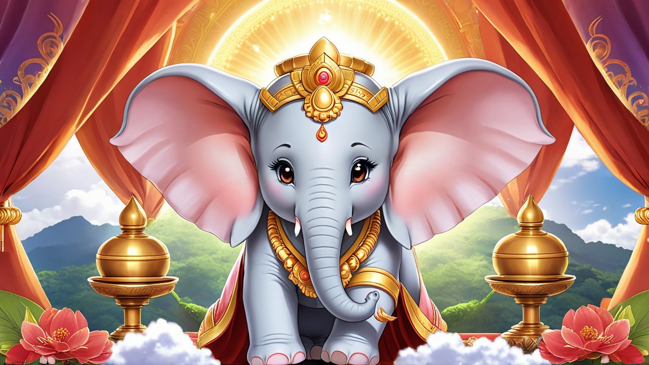 Cartoon Elephant with Jewelry in Vibrant Setting
