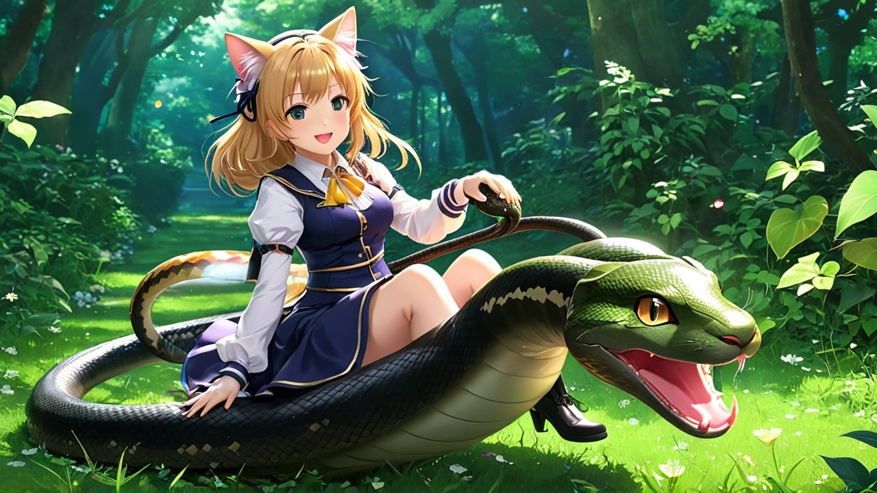 Young girl with cat ears on a snake in a forest