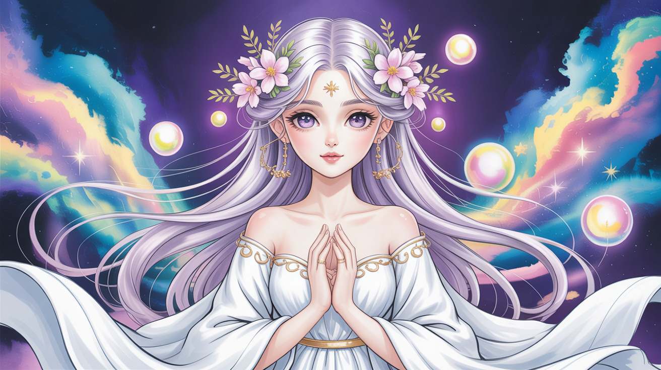 Anime girl with white hair in a purple sky scene