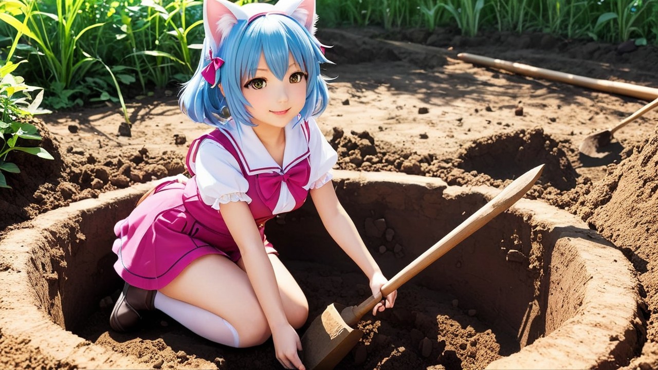 Cheerful anime character in garden with blue hair and ears
