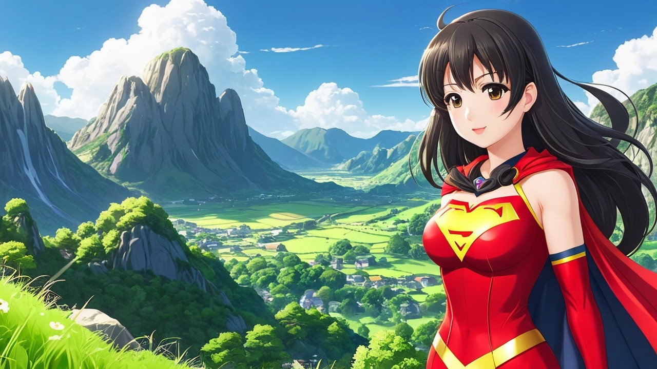 Young woman in vibrant superhero costume against landscape