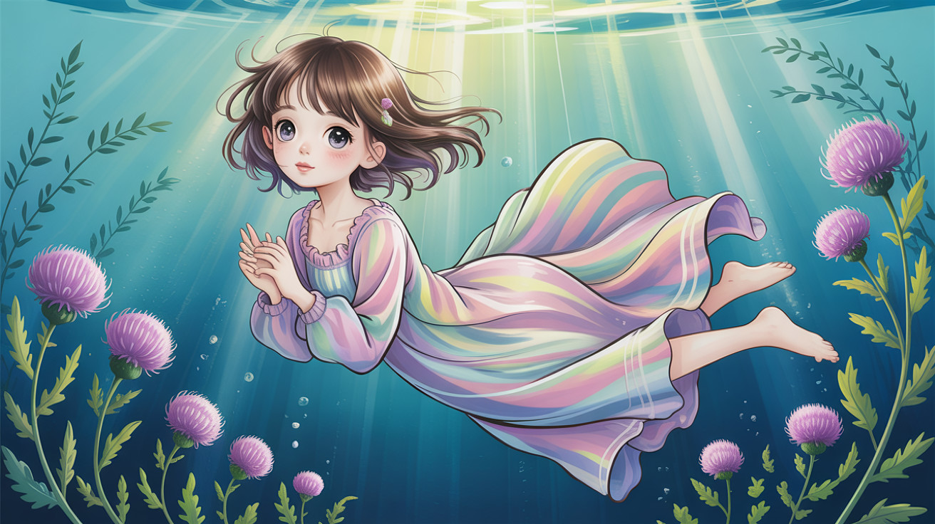 Underwater Scene of a Girl in Rainbow Striped Dress