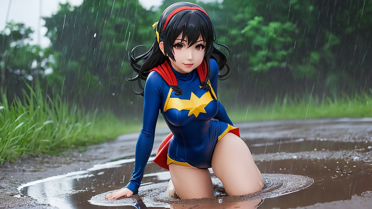 Stylized superhero character in blue costume kneeling