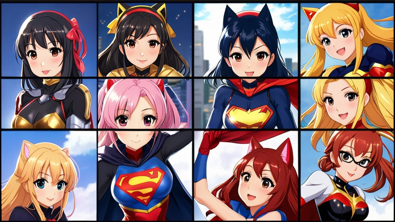 Colorful Grid of Nine Unique Anime Superheroes