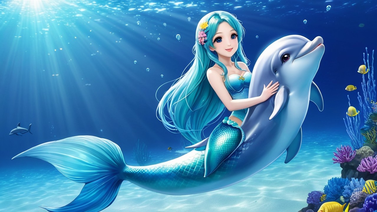 Underwater Scene with Mermaid and Dolphin in Coral Reef