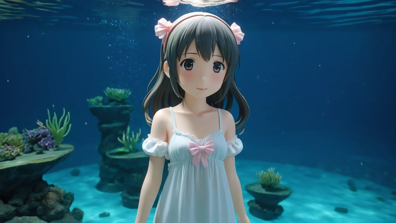 Animated girl underwater with coral and sunlight
