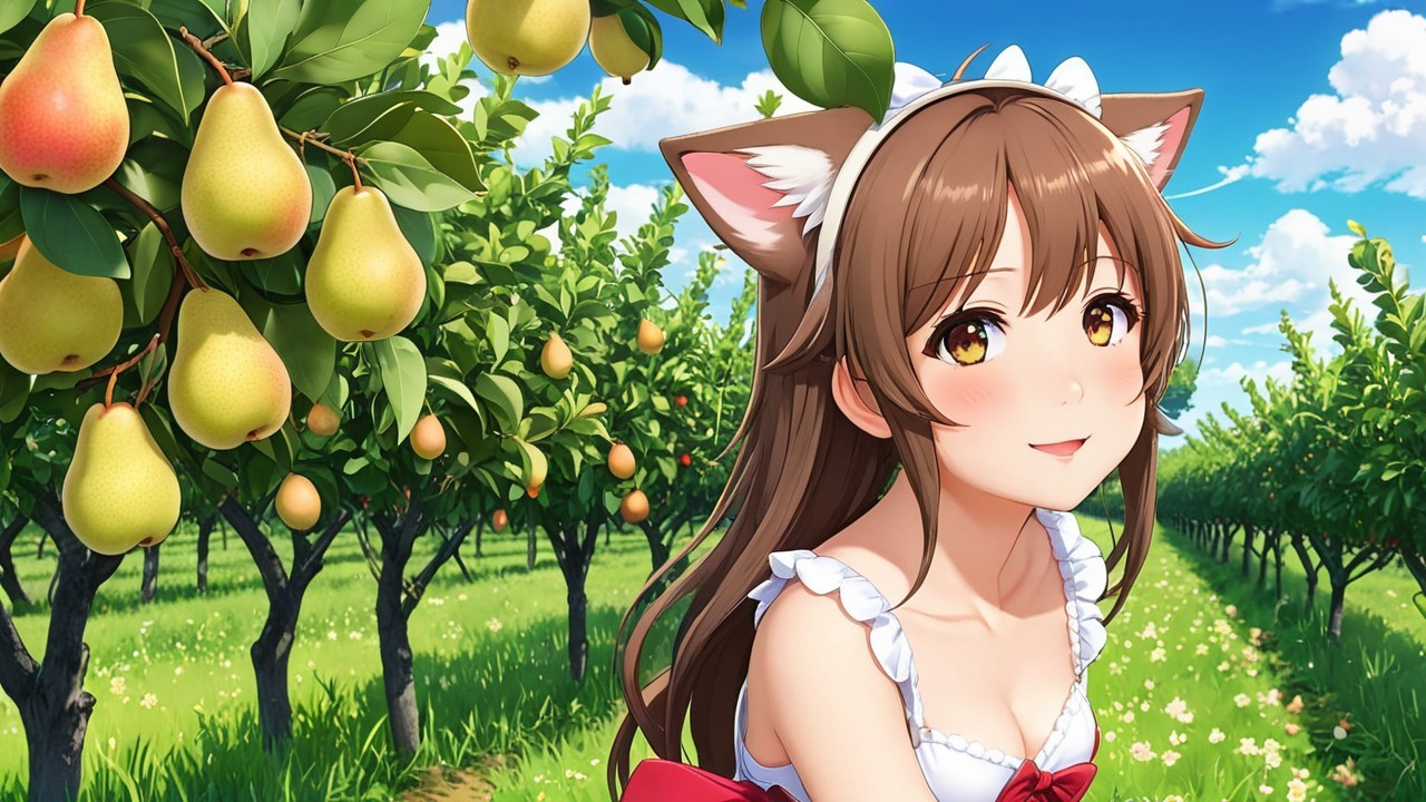Anime Girl with Cat Ears in a Pear Orchard