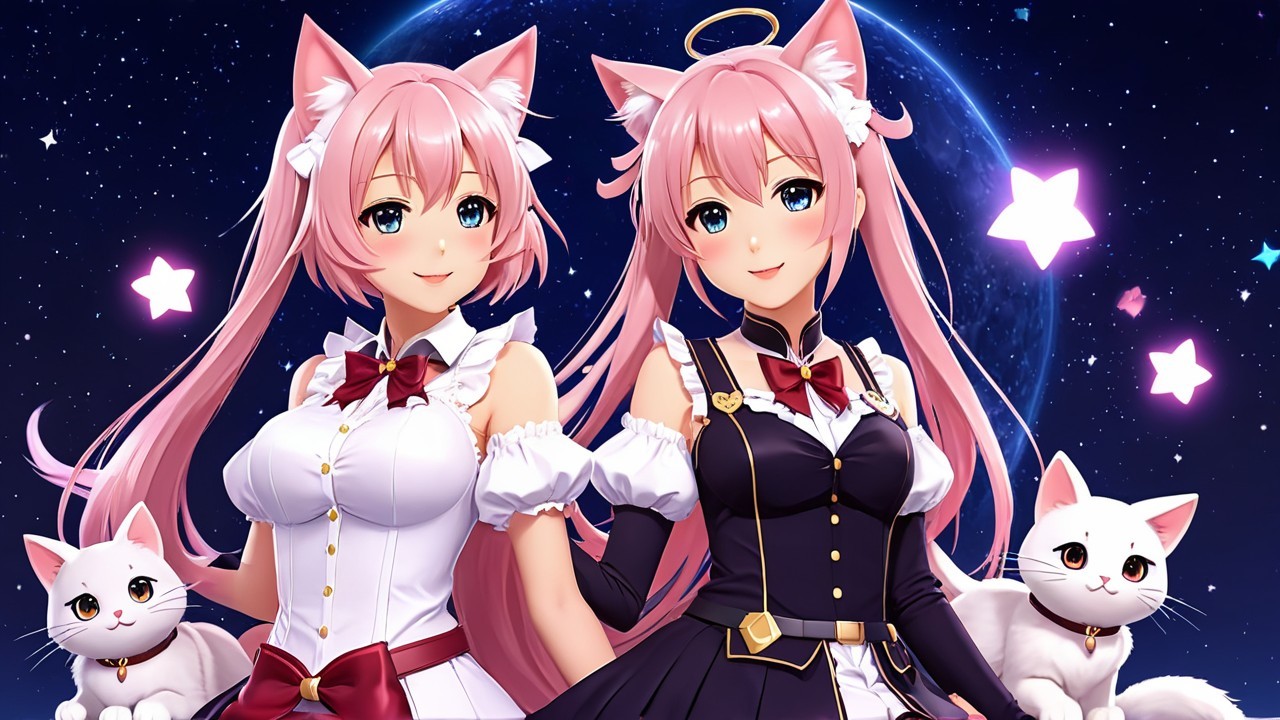 Anime Characters with Pink Hair and Cat Ears in Space