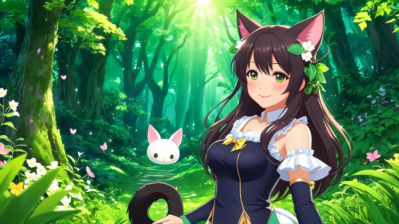 Whimsical Forest Scene with Girl and Playful Creature