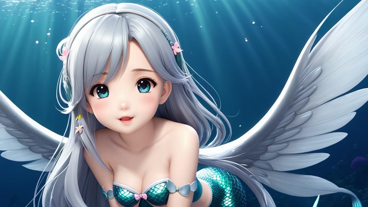 Anime-style mermaid with silvery hair and wings