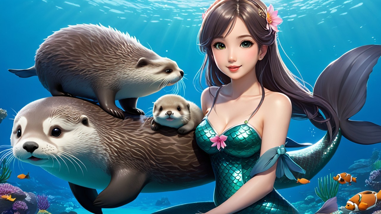 Underwater Scene with Mermaid and Playful Otters