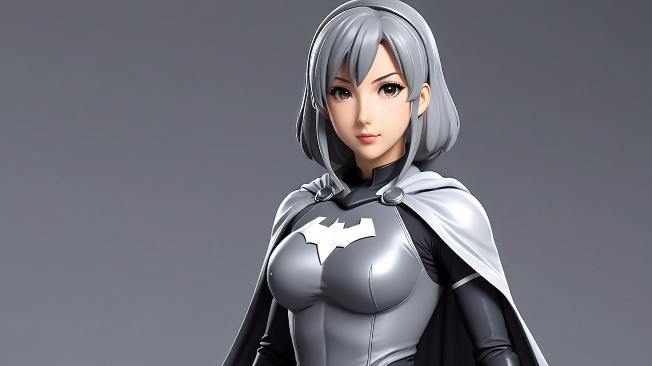Female superhero in sleek grey costume with cape