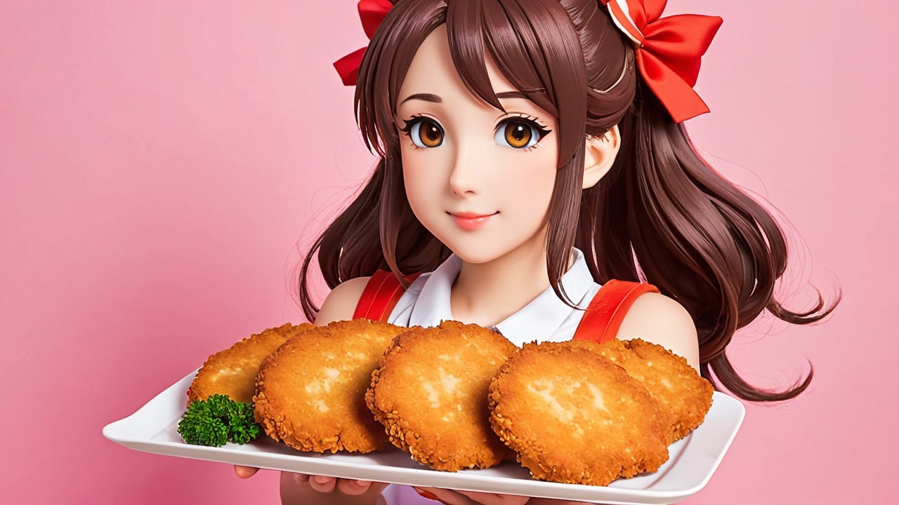 Cheerful character with croquettes on a pink background