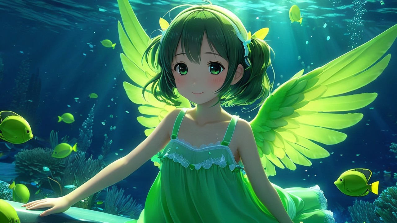 Cheerful girl with green wings swims with colorful fish