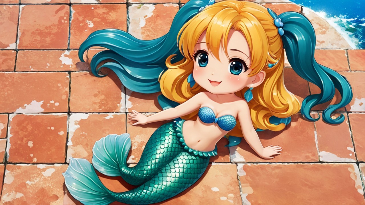 Cheerful Animated Mermaid Girl on Sunny Tiled Surface