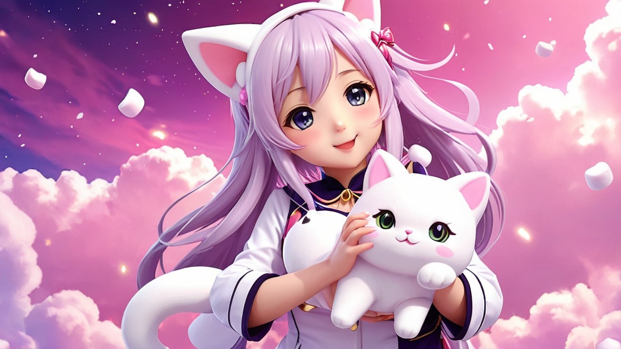 Whimsical Character with Lavender Hair and Kitten