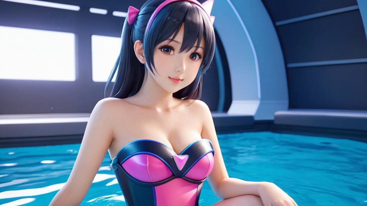 Digital Character by Pool in Stylish Swimsuit
