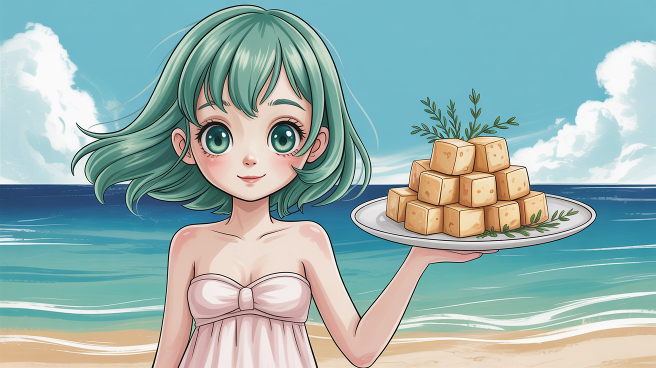 Anime girl with mint hair holding tofu by the ocean