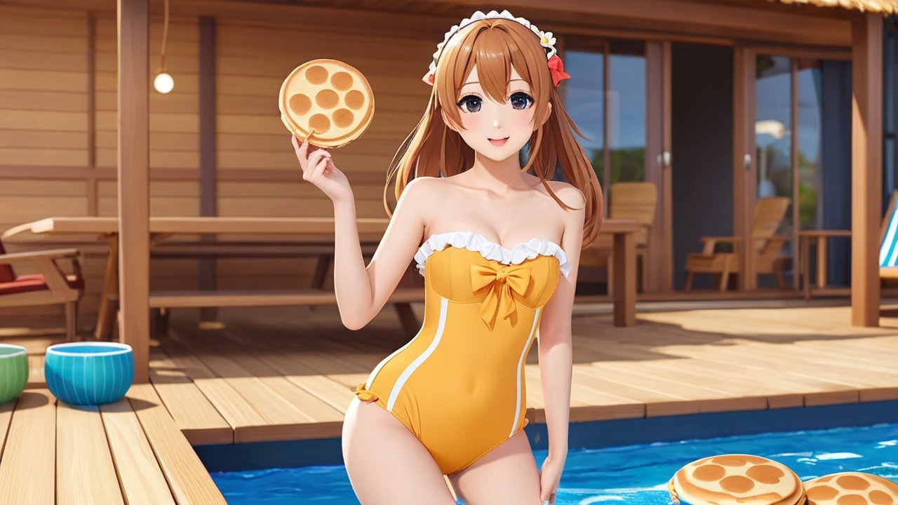 Cheerful Anime Character by Pool in Yellow Swimsuit